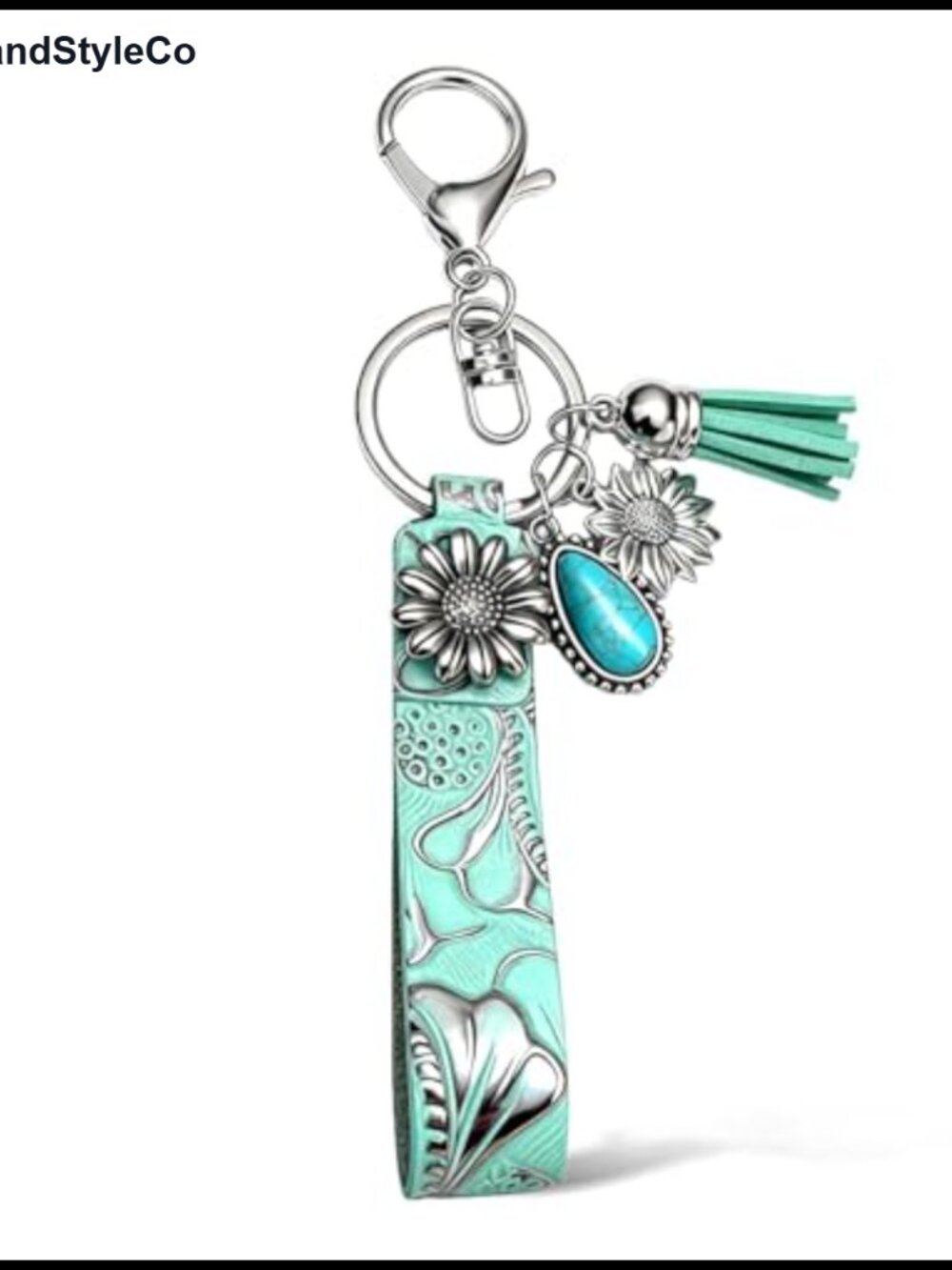 Tooled Leather Western Keychain Turquoise Tassel Bag Charm Boho Accessory